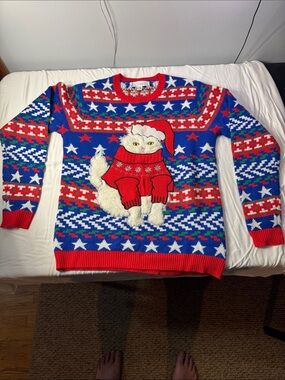 Women’s Red & Blue Crewneck Holiday Cat Sweater